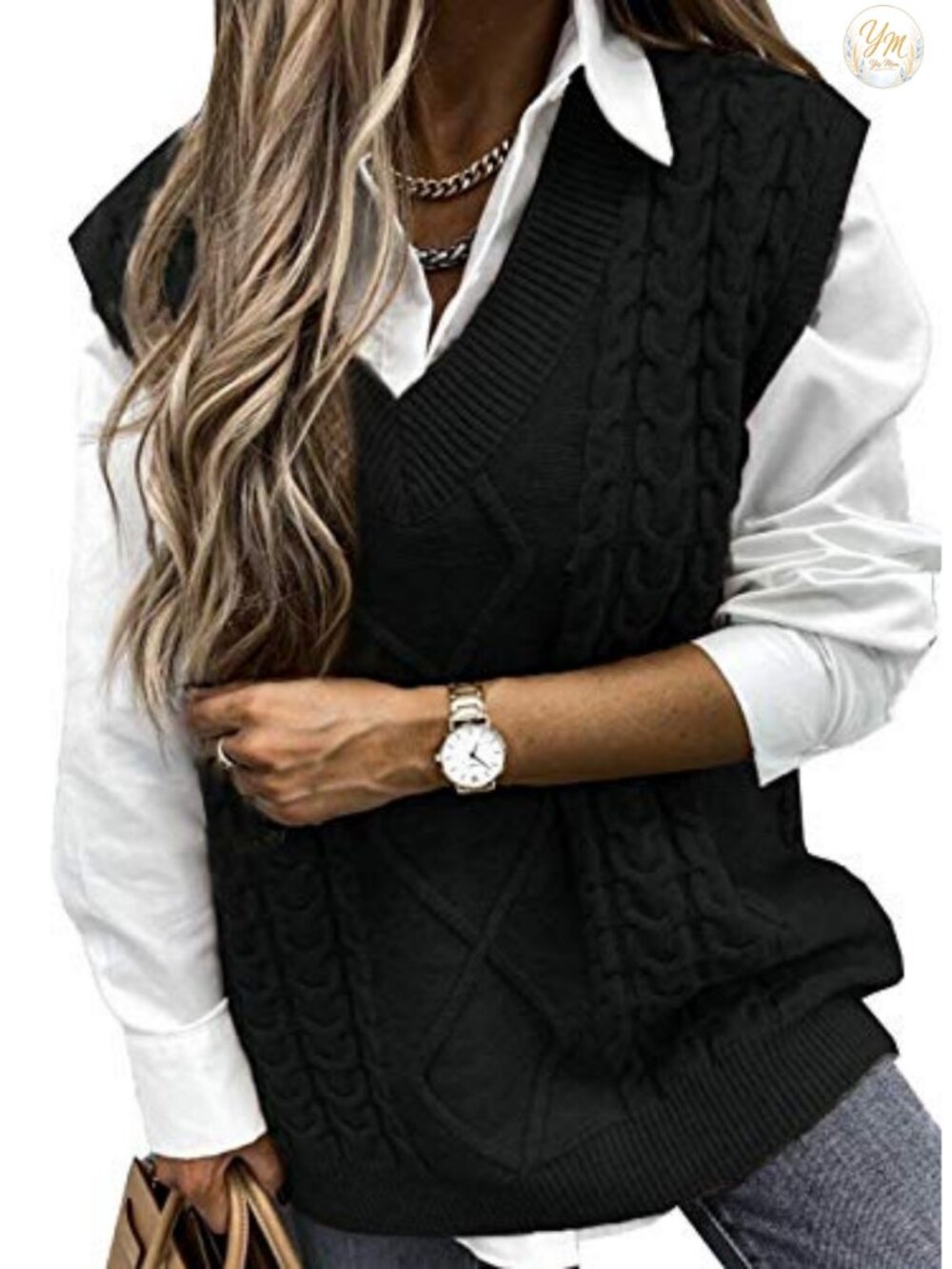 Oversized V-Neck Sleeveless Cable Knit Sweater Vest for Women Layering Top